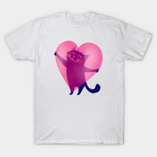 Cute blue cat holding a big pink heart - version 1 T-Shirt